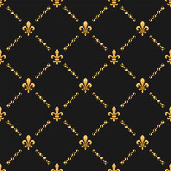 Geometric pattern with fleur de lis symbol, golden jewelry ball chains on black background. Diagonal square grid. Vintage style © OA_Creation
