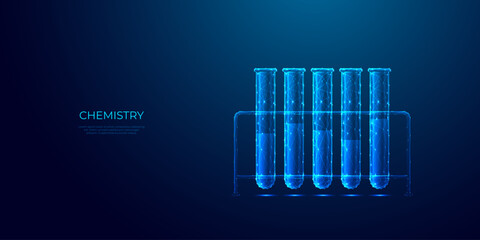 Abstract polygonal test tube rack in futuristic technology style on blue background. Chemical laboratory poly icon. Science and chemistry concept. Glass lab flask for medicine. 3D vector illustration. © AntonKhrupinArt