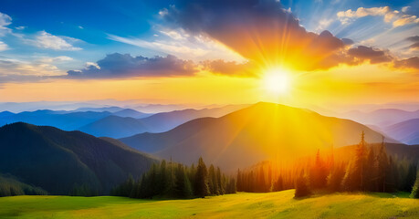 Obraz premium Panorama of sunset in the mountains with forest, green grass and big shining sun on dramatic sky