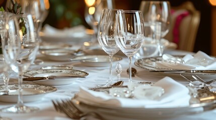 Fototapeta premium decoration for a wedding or anniversary birthday celebration: a reception table set-up with white cloth, elegant wine glasses, porcelain plates and silverware in a restaurant or venue
