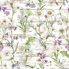 Seamless hand drawn botanical pattern on wooden background. Watercolor illustration. - 717900567