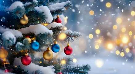 Obraz na płótnie Canvas Christmas winter blurred background. Xmas tree with snow decorated with garland lights