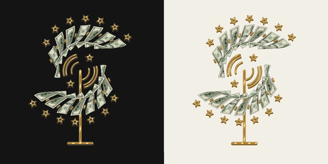 Money creative composition with Catherine wheel firework with flying apart 100 dollar bills. Conceptual vintage illustration for success, luck.