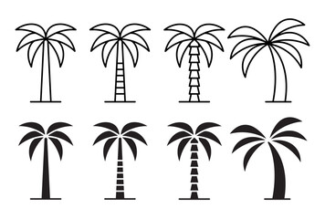 Palm tree vector icon set. miami beach tropic coconut tree sign. summer hawaii palm tree icon set.