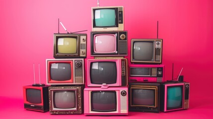 Retro Television Set Collection Against a Pink Background