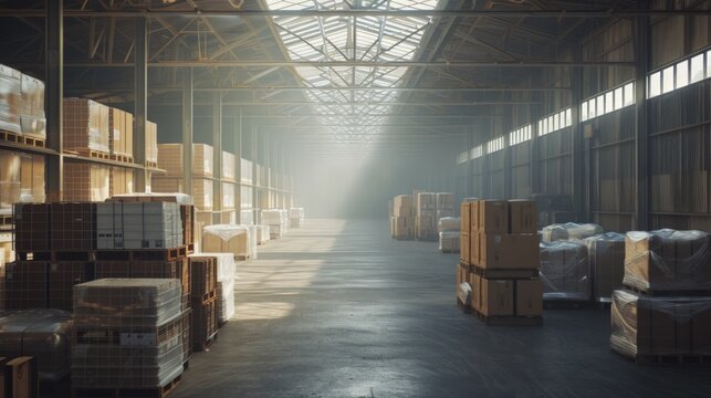 Warehouse with boxes, packed goods. Warehouse concept for international parcel delivery.