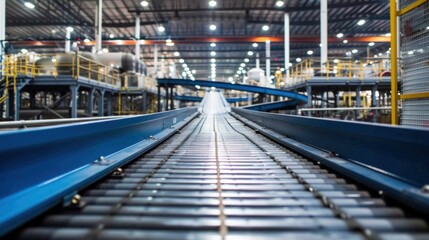 Conveyor belt at the factory. Background for advertising the production of goods, the concept of fast movement and production of products.