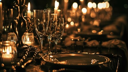 Elegant dining setup with crystal clear wine glasses and lit candles creating a warm, intimate ambiance, highlighted by soft glowing lights in the background. Ai generated

