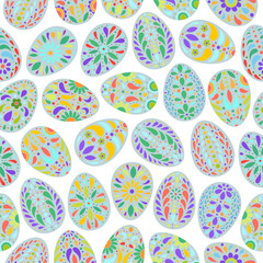 Easter eggs pattern. Color egg background. Easter symbol. Fabric Easter texture. Egg hunt vector illustration. Happy Easter day backdrop. Painted eggs print.