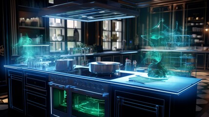 a futurist smart kitchen that is filled color