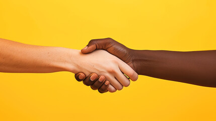 Unity in Diversity: Close-Up of a Multiracial Handshake on Yellow Background