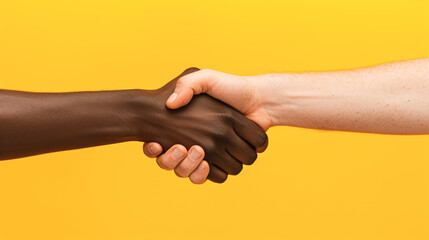 Unity in Diversity: Close-Up of a Multiracial Handshake on Yellow Background