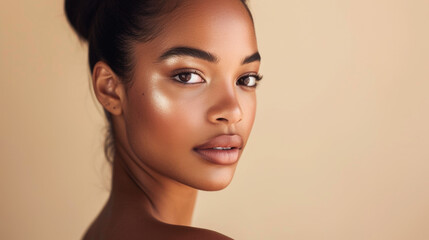 Naklejka premium Portrait of a Young Woman with Flawless Skin and Neutral Expression