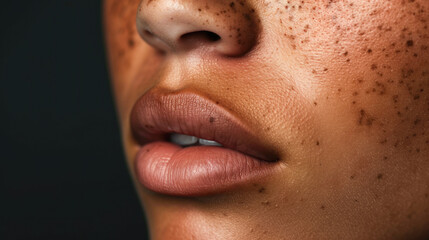 Fototapeta premium Close-Up of a Person's Lips with Freckles and Rich Complexion