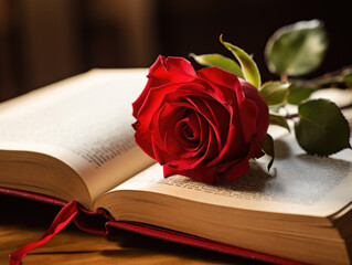 A vibrant red rose lies on an open book with a ribbon bookmark.