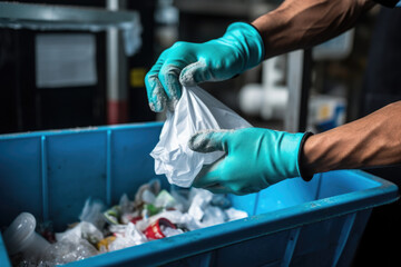 Waste Management Worker Sorting Plastic for Recycling - obrazy, fototapety, plakaty