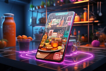 Smartphone with groceries of futuristic - obrazy, fototapety, plakaty