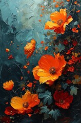 Abstract Floral Artwork with Vivid Orange Blossoms