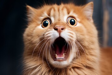 Close-up portrait of astonished ginger cat with surprised and amazed expression and wide eyes