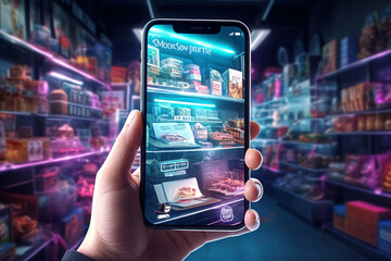 Smartphone with groceries of futuristic - obrazy, fototapety, plakaty
