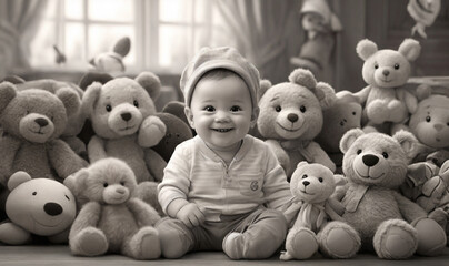 playful baby model crawling on a soft blanket, surrounded by whimsical illustrations and toys