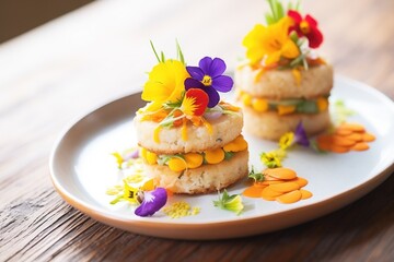 festive crab cakes with colorful edible flower topping