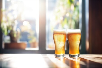 sunlight streaming through a window onto craft beer glasses