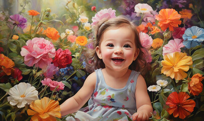  A delightful baby model giggling in a playful garden surrounded by colorful flowers.