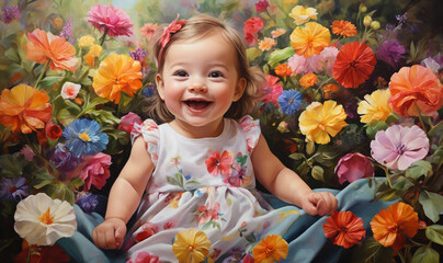  A delightful baby model giggling in a playful garden surrounded by colorful flowers.