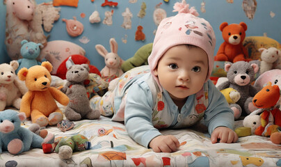  A playful baby model crawling on a soft blanket, surrounded by whimsical illustrations and toys