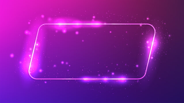 Neon rounded parallelogram frame with shining effects and sparkles