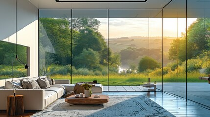 Modern nature themed living room, Glass window wall with view nature theme. Generative AI.