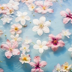 Pink White Japanese Cherry Blossoms Floating On Water. Aesthetic Wallpaper Background Ai Generative Photography
