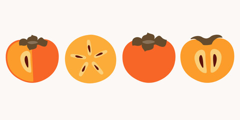 Persimmon flat design vector illustration. Composition of a whole persimmon and its parts in a simple style.