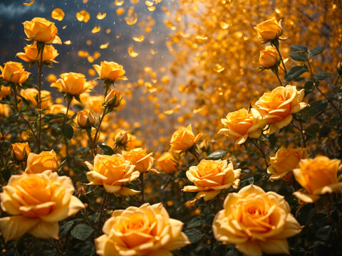AI generative image of the fantasy garden with gold roses, a fresh environment with rain, and petals from aky above.