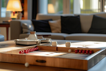 minimalist backgammon set on a stylish coffee table, illustrating the integration of the game into modern, clean living spaces in a minimalistic style