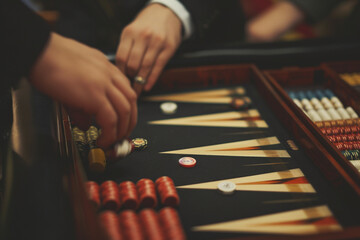 minimalist backgammon tournament setting with players engaged in strategic moves, creating an atmosphere of competitive elegance in a minimalistic style