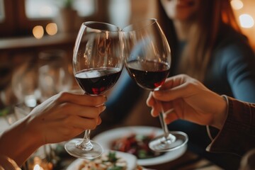 Valentine's day Elegant dining setup with crystal clear wine glasses and lit candles creating a warm, intimate ambiance, highlighted by soft glowing lights in the background. Ai generated