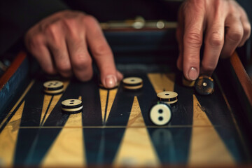 close-up of hands making a strategic move on a minimalist backgammon board, capturing the focus and concentration required for the game in a minimalistic style - obrazy, fototapety, plakaty