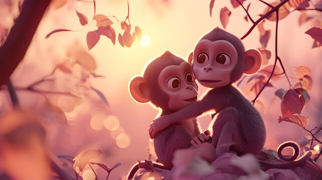 3d illustration of a cute loving couple of monkeys