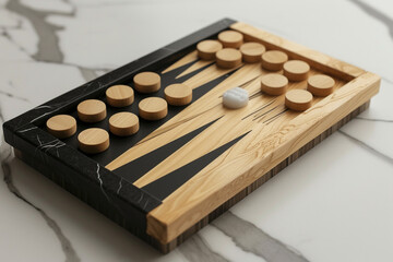 minimalist backgammon set on a clean, modern surface, emphasizing the aesthetic appeal of the game in a minimalistic style