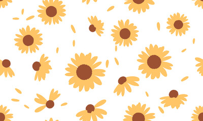 Seamless pattern with hand drawn sunflower and flying petals on white background vector illustration. Cute wall art decoration.