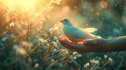 International Day of Peace or World Peace Day Concept white pigeon and hand in nature background.