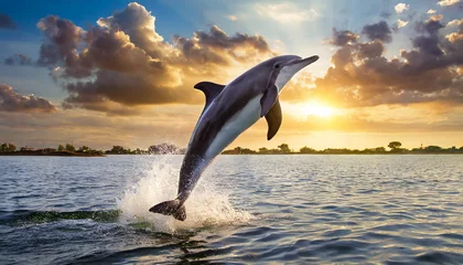 Foto op Plexiglas dolphin jumping in the water at sunset © Davit