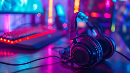 Gaming headphones on the background of a computer game.  Neon lights - obrazy, fototapety, plakaty