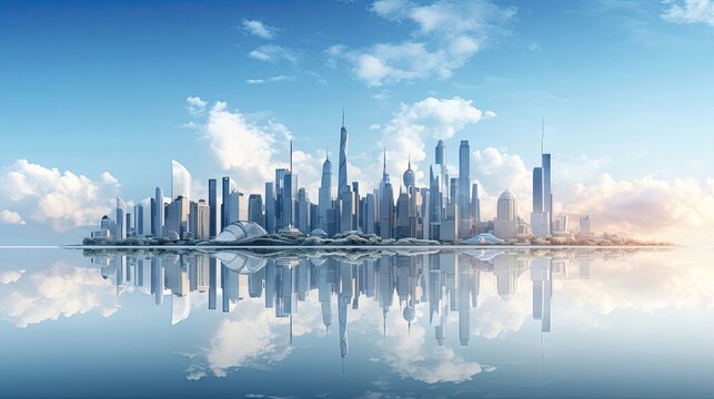 Sleek skyscrapers dominate the modern urban skyline. Contemporary city vista, high-rise structures, metropolitan architecture, cityscape panorama. Generated by AI.