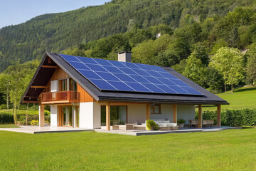 Fototapeta na wymiar Solar panels by countryside house. Saving electrical energy. Alternative sources of electricity.