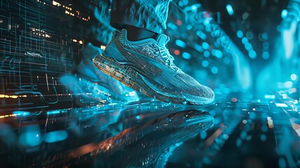 Futuristic Glowing Sneaker in a Dynamic Motion Amidst Digital Data Streams and Neon Lights