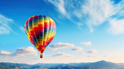 Fototapeta premium The vibrant hues of a hot air balloon. Vibrant, hot air balloon, hues, clear cobalt blue sky, picturesque, aerial view, serene, floating. Generated by AI.