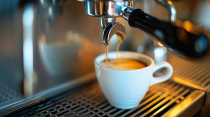 Closeup coffee machine with a cup of espresso. The process of making coffee.